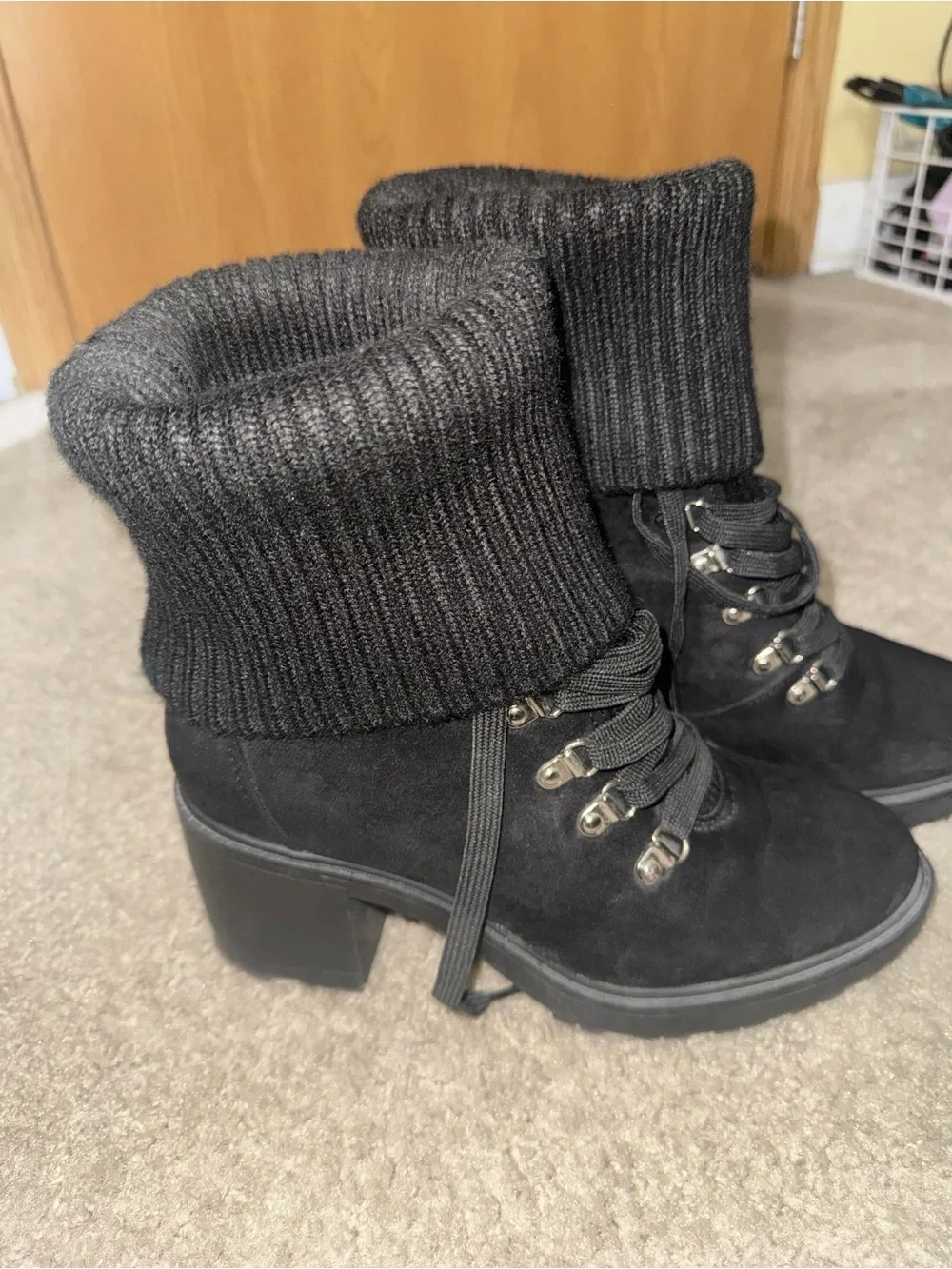 Fashion Nova Black Knit-Cuff Lace-Up Block Heel Ankle Booties
